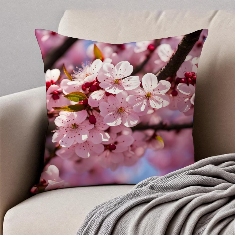 Beautiful Cherry Blossoms Cushion Cover Pillowcase Antidustmite Invisible Zipper Short Plush Sofa Cushion