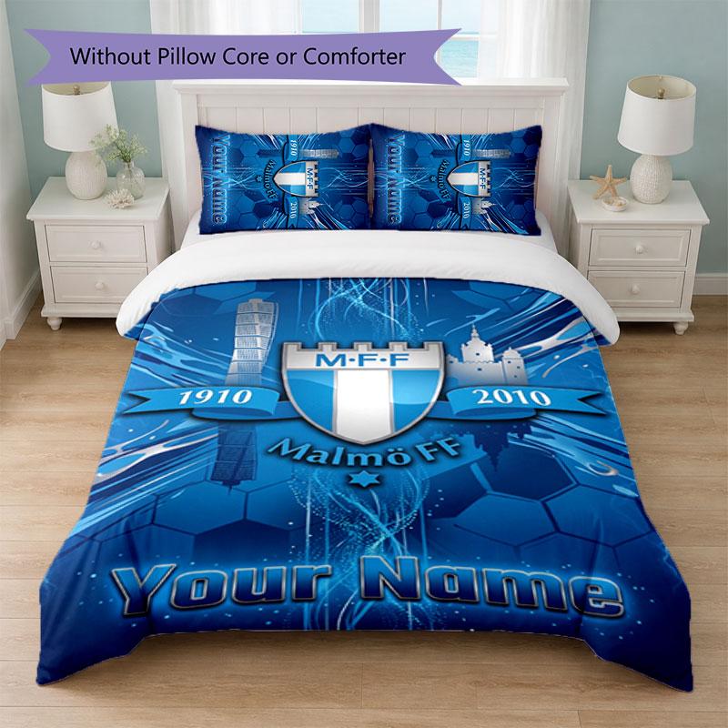 Malmö FF Custom Name Text Bedding Set 1 Duvet Cover+2 Pillowcases Soccer Logo Personalized Gift For Special Occasion Bedroom Decor