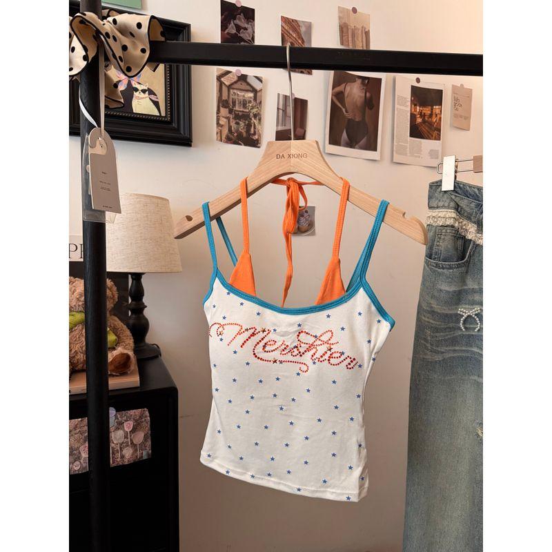 Kumikumi Gyaru Wind XINGX Print Cami Women clothes Summer American Hot Drilling Belt Chest Pad Sleeveless Top