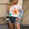 Herbst- und Winter Damen Spliced Gestreifter Langarm Blumenpullover Warm Rundhals Modischer Strickpullover