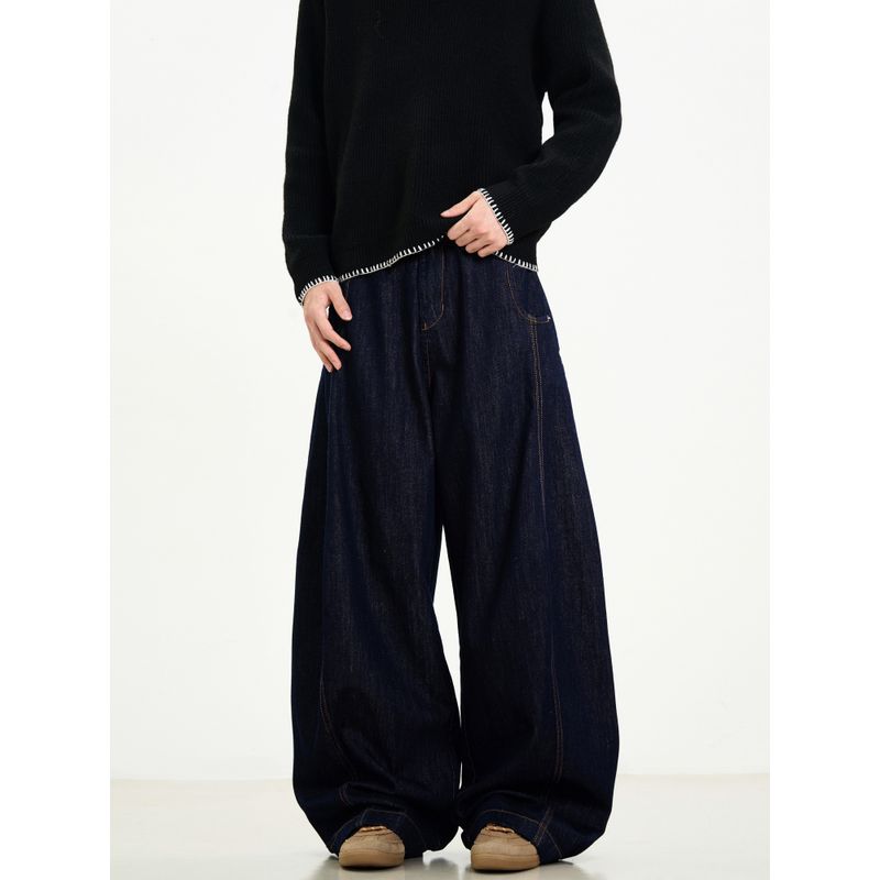 Kisko American Retro Washed Blue Wide-Leg Scimitar Jeans for Men and Women, New Loose Straight-Leg Versatile Pants