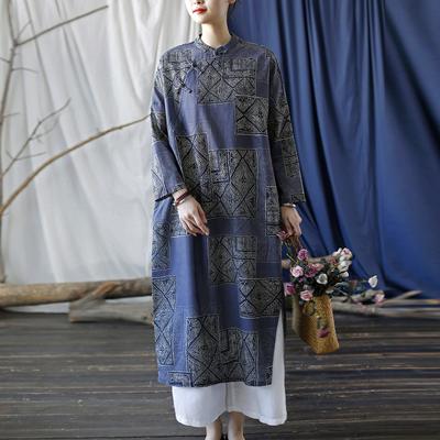 Robe vintage à imprimé floral pour femme, tenue d'automne à manches chauve-souris avec boutons, style chinois, en ramie
