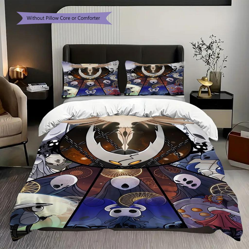 Ropa de cama del Reino de Hollow Knight (1 * funda nórdica + 2 * fundas de almohada, sin núcleo) Juego de cama plano 2D Funda nórdica y funda de almohada Suave y cómodo