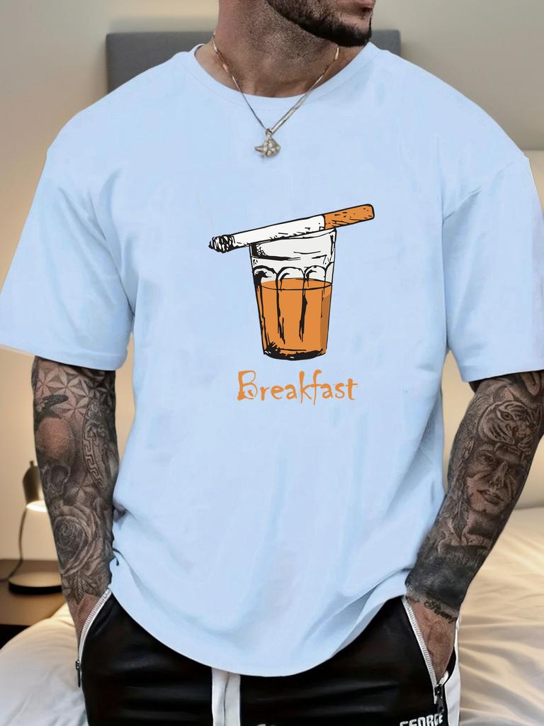Mens Casual Tshirt Breakfast Cigarette Drink Print Short Sleeve Round Neck Breathable Oversized Edgy Daily Tee