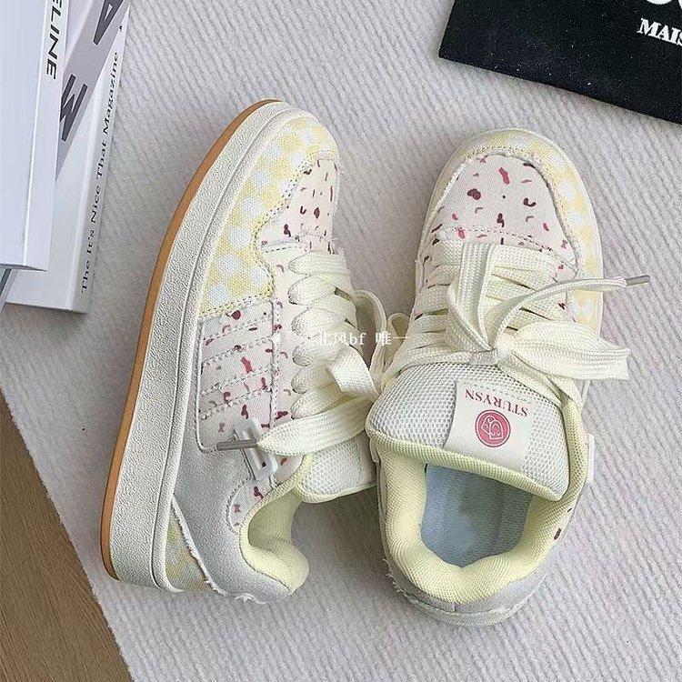 2025 autumn and winter new denim splicing little white shoes college style thick-soled lace-up board shoes street shooting casual shoes foreign trade