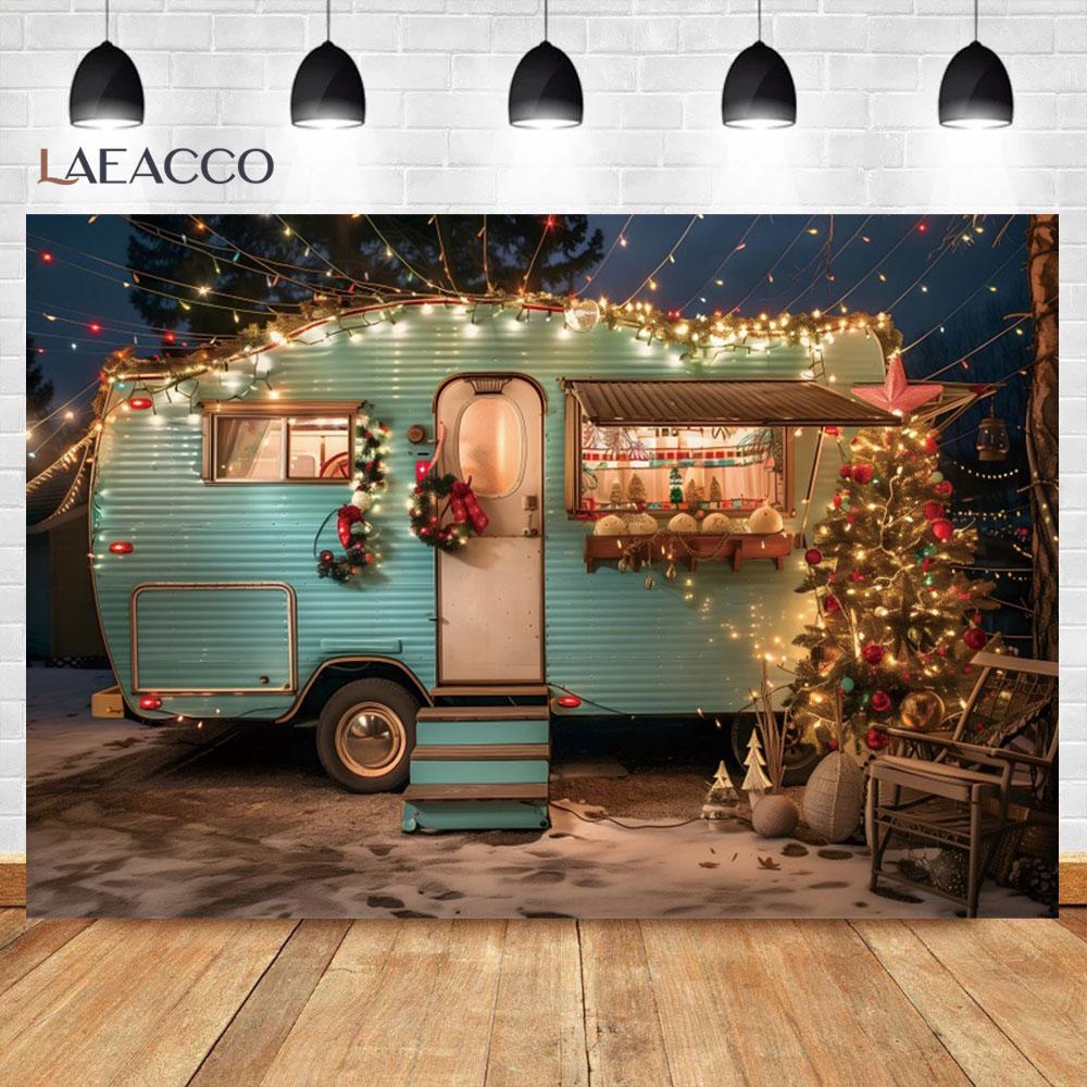 Laeacco Christmas Camper Pography Backdrop Winter Snowy Pine Trees Mini Bus Baby Birthday Family Holiday Portrait Background