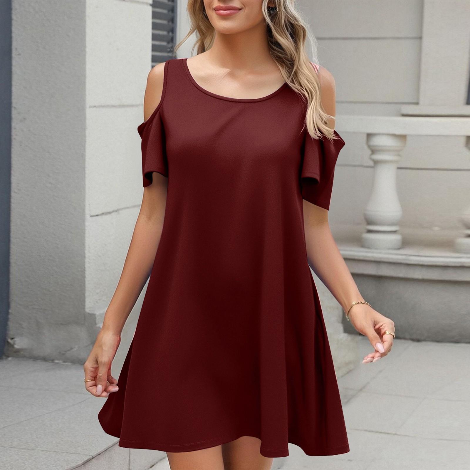 

Women s Fashionable Color Off Shoulder Pocket Casual Dress L винний