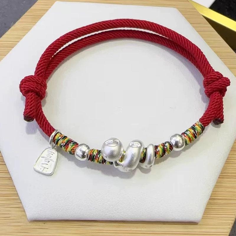 999 Sterling Silver Coiled Snake Bracelet with Red Rope and Luck Bead