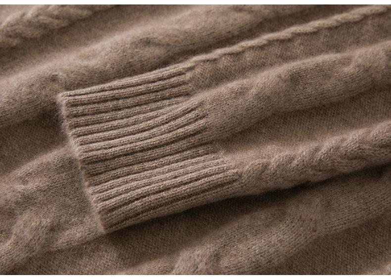 Women's Thick Cable-Knit Cashmere Pullover: Seven-Needle, Double-Strand, Half-High Neck, Raglan Sleeves, Casual Base Layer Top