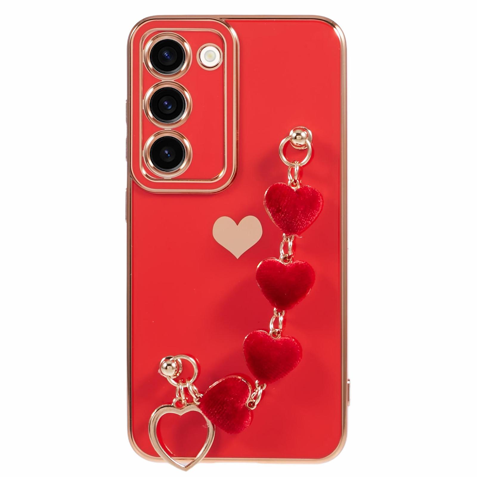 

For Samsung Galaxy S23+ Phone Case Protective Soft TPU Cover with Heart Chain Strap Red