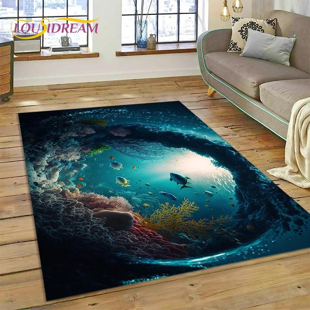 Tappeto Moquette 3D Mondo Sottomarino Fondale Marino Delfino Cartone Animato per Camera da Letto Soggiorno Decorazione Casa Divano, Bambino Grande Decor Tappetino Pavimento