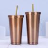 In Stock 304 Stainless Steel Straw Cup with Gold Rim - Portable Outdoor Thermos for Car Use