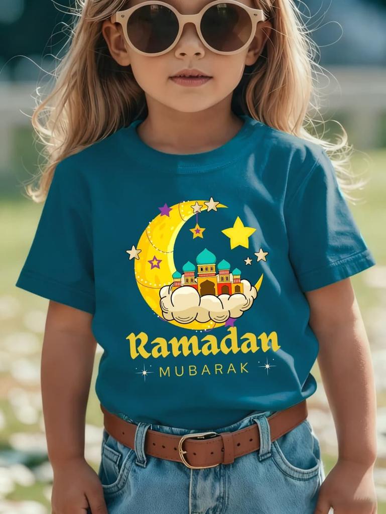 Moon Star Ramadan Print Girl Clothes Eid Mubarak Kid T-Shirt Islamic Muslim Outfit Short Sleeve Tops Holiday Children's Clothing