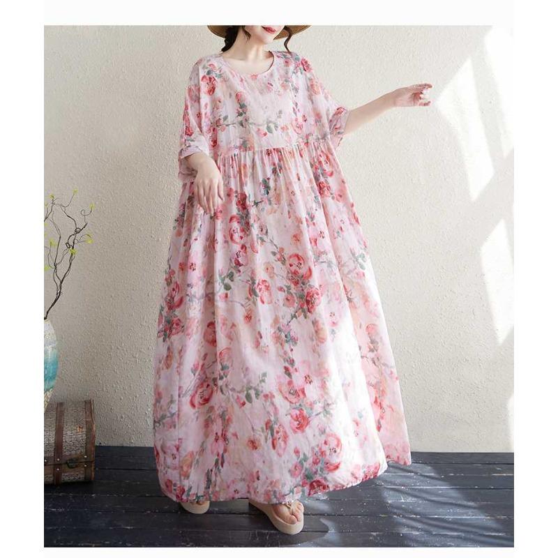 Women's Thin Cotton and Linen Round Neck Short Sleeved Long Skirt