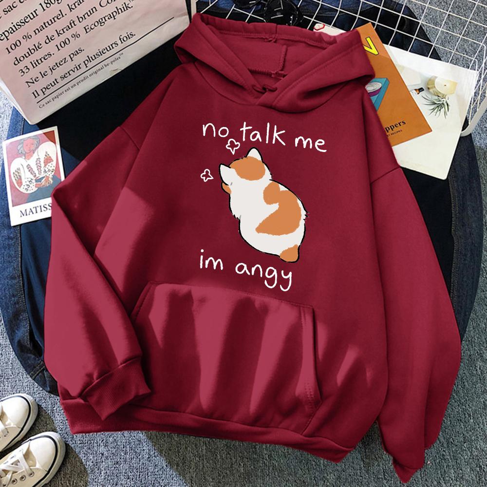 No Talk Me Cute Angry Cat Print Women Hoody Hip Hop Soft Hoodies Casual Fleece Pullovers Oversize Fleece Woman Streetwear
