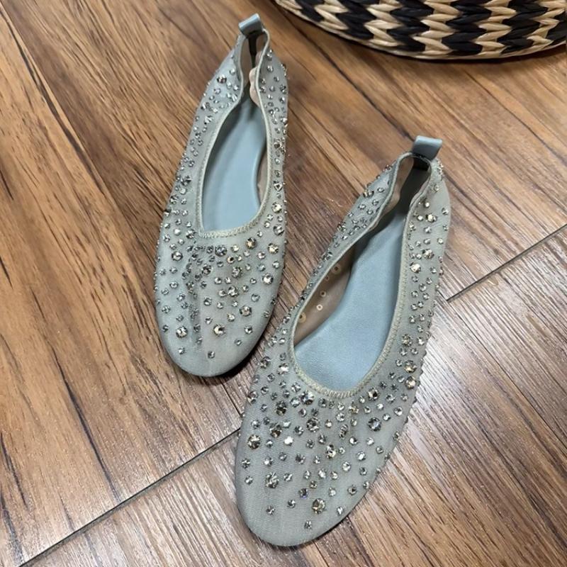 Mesh Luxury Rhinestones Flats Women Shoes Round Toe Shallow Casual Beach Shoes Female Soft Sole Fashion  Mary Jane Shoes