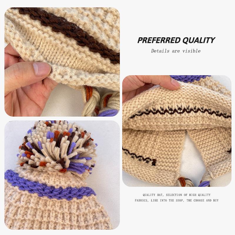 Japanese-style rainbow striped knitted hat for women, autumn and winter warm ear-protecting tie-back pullover hat, versatile woolen hat for students,