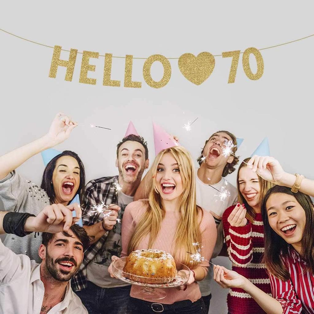 Gold Hello 70 Birthday Banner, Gold Glitter Happy 70th Birthday Party Decorations, Supplies