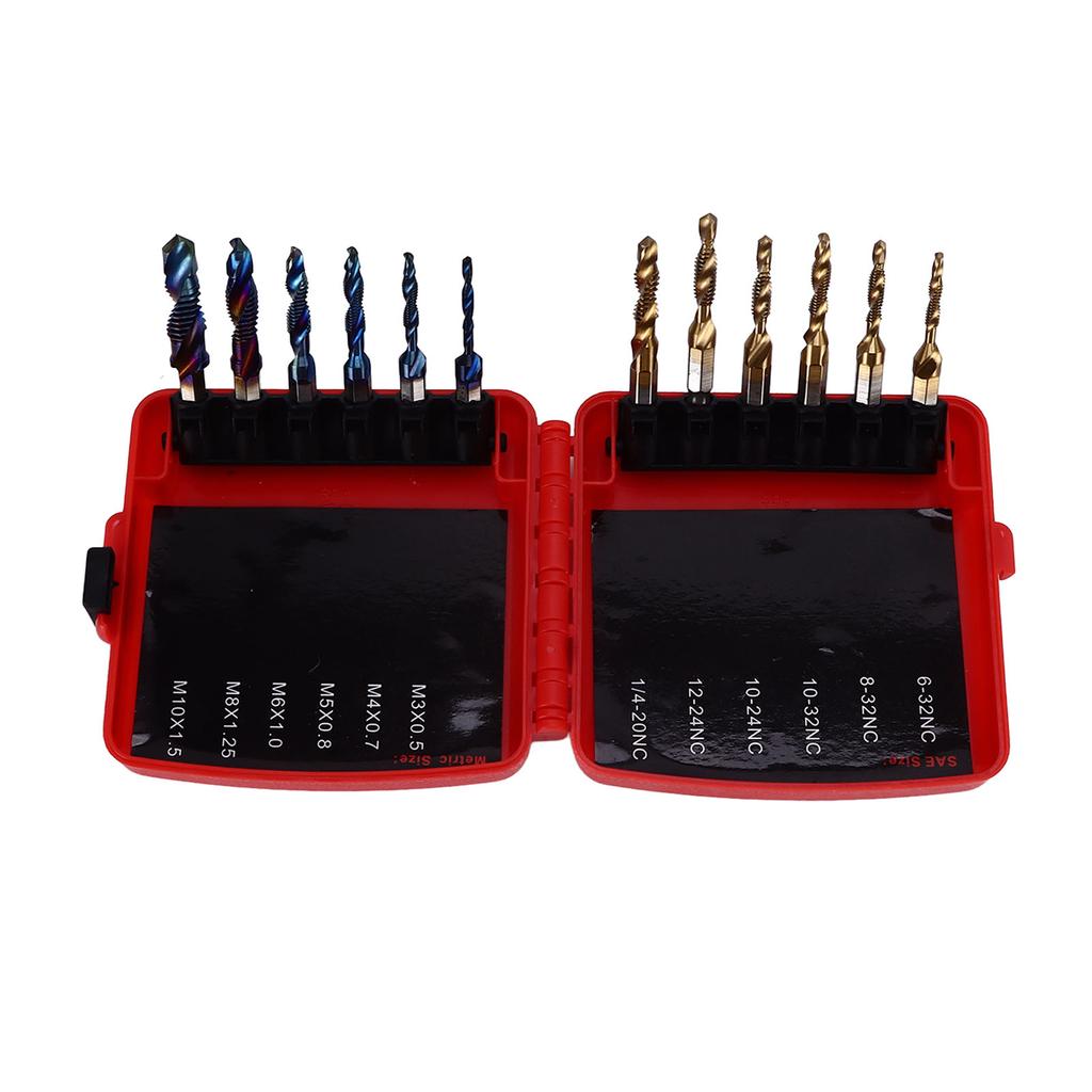12Pcs Combined Tap Drill Bit Set HSS Metric Blue Plating Imperial Ti Plated 14in Hex Shank