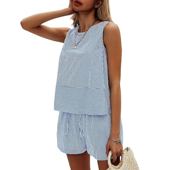 

Женские летние комплекты из 2 предметов: майка без рукавов, шорты, повседневные полосатые спортивные костюмы, комплект для отпуска на пляже XL синий