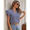 Blouse à imprimé carreaux d'été à volants double épaisseur pour femme, chemise douce et mignonne à col en V, hauts à manches courtes à carreaux pour femme, vêtements décontractés simples et amples