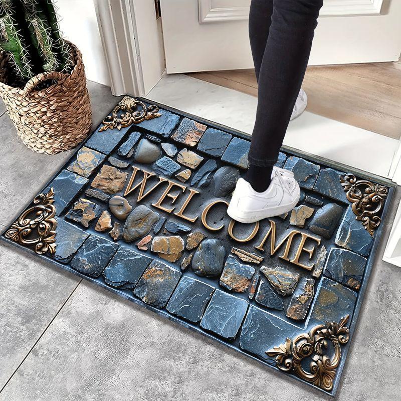 Welcome Cobblestone 3D Stone Pattern Doormat Non-Slip Rug Waterproof Machine Washable Polyester Carpet For Home Outdoor Decor