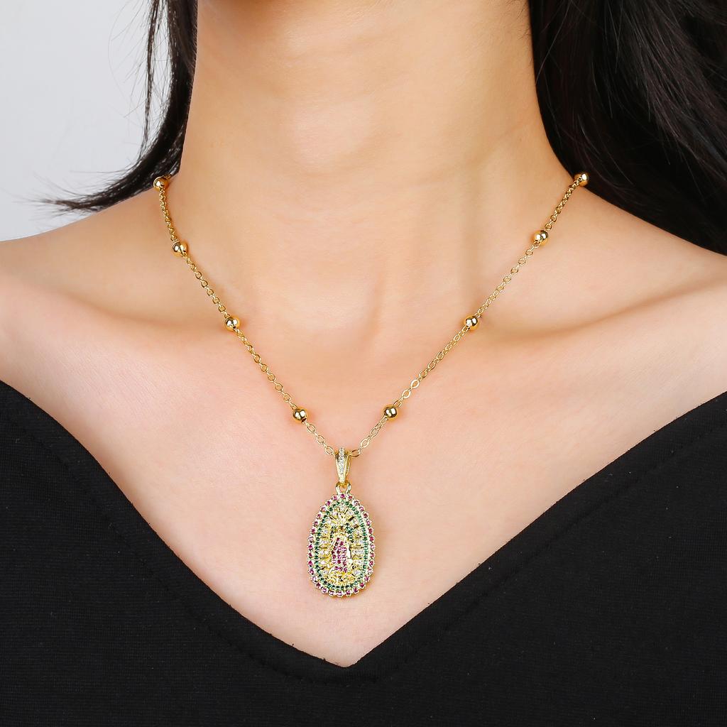 Rhinestone Our Lady of Guadalupe Pendant Necklace Religious Virgin Mary Zircon Choker for Women Catholic Gift Prayer Jewelry