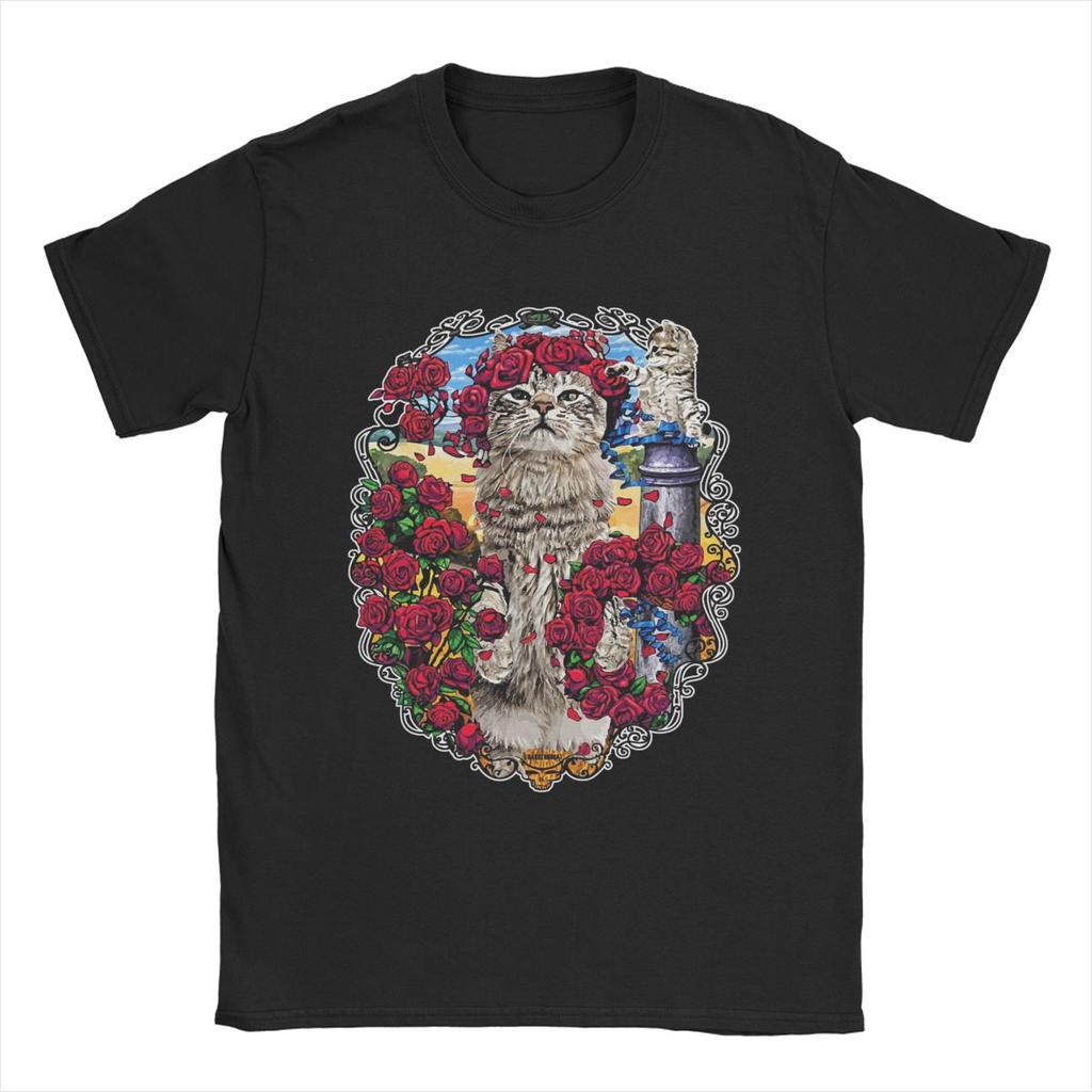 Cats And Roses N Guns T-Shirt Men Casual Cotton Tees Round Neck Short Sleeve T Shirts Summer Tops