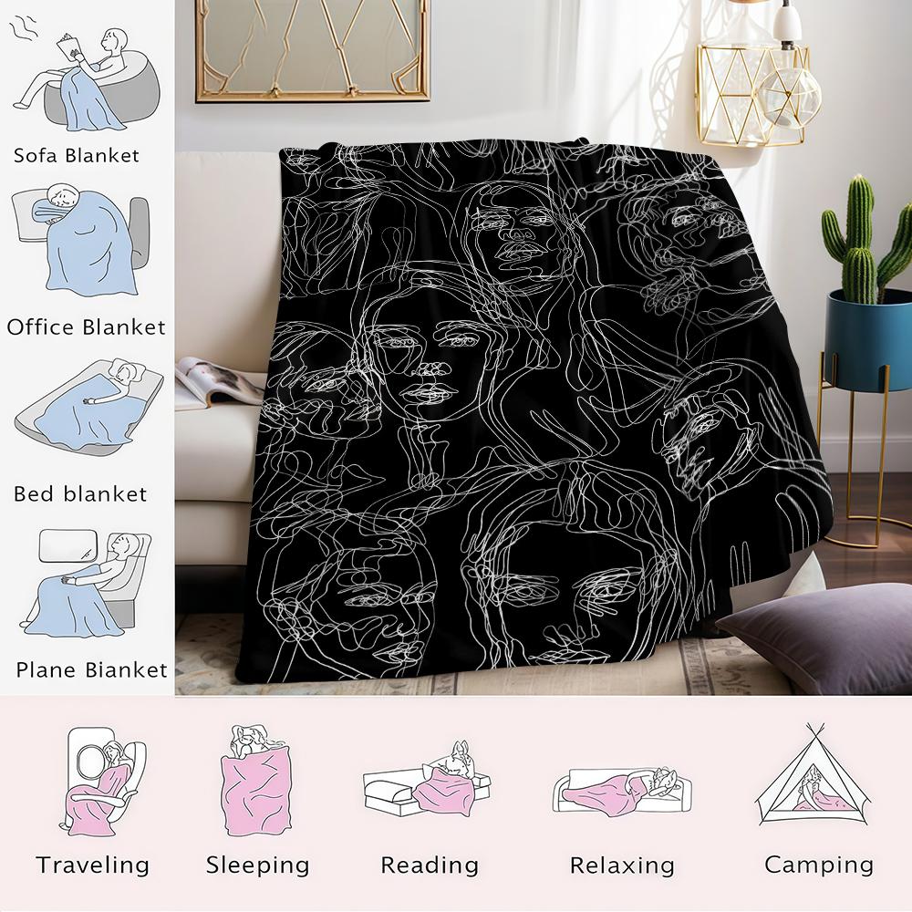 Line Art Faces Flannel Blanket Warm Soft Halloween Christmas Couch Warm Cozy Decorative Decor Gift for All Season