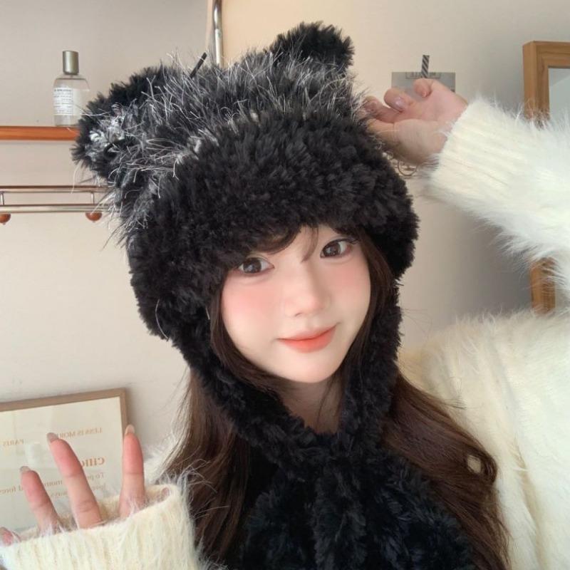 Hat Women's New Autumn and Winter Cute Plush Cat Ears Hat Warm Ear Protection Big Head Circumference Tide