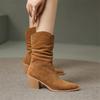 Fashion 2025 Autumn Cow Suede Women Boots Pointed Toe Chunky Heels Boots for Women Winter Boots Mid-calf Boots High Heels Zapatos Mujer