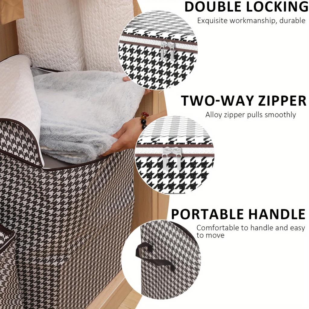 Houndstooth Storage Bag Extra Large Organizer for Blankets Wardrobe Essentials Blanket Box Container with Dustproof Zipper