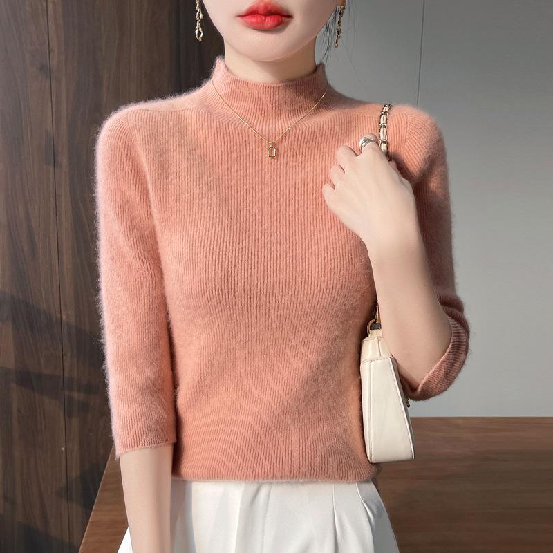 New Spring and Summer Half-high Neck Short-sleeved Sweater for Women's Fashionable Base Shirt with A 7-quarter Sleeve Sweater Slim-fit Body