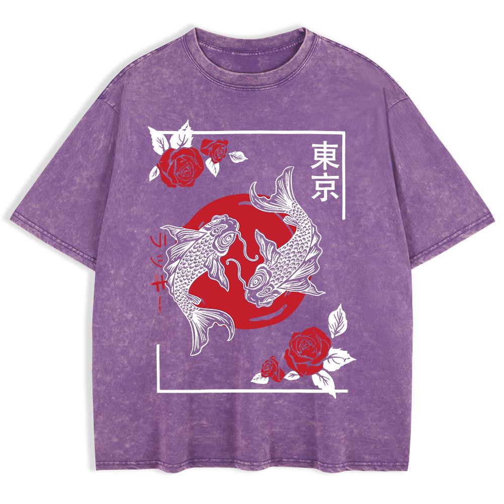 Tokyo Koi Fish Rose Harajuku Washed T-Shirts Mens Cotton Short Sleeve Tops Street O-Neck Oversize T Shirt Summer Clothes