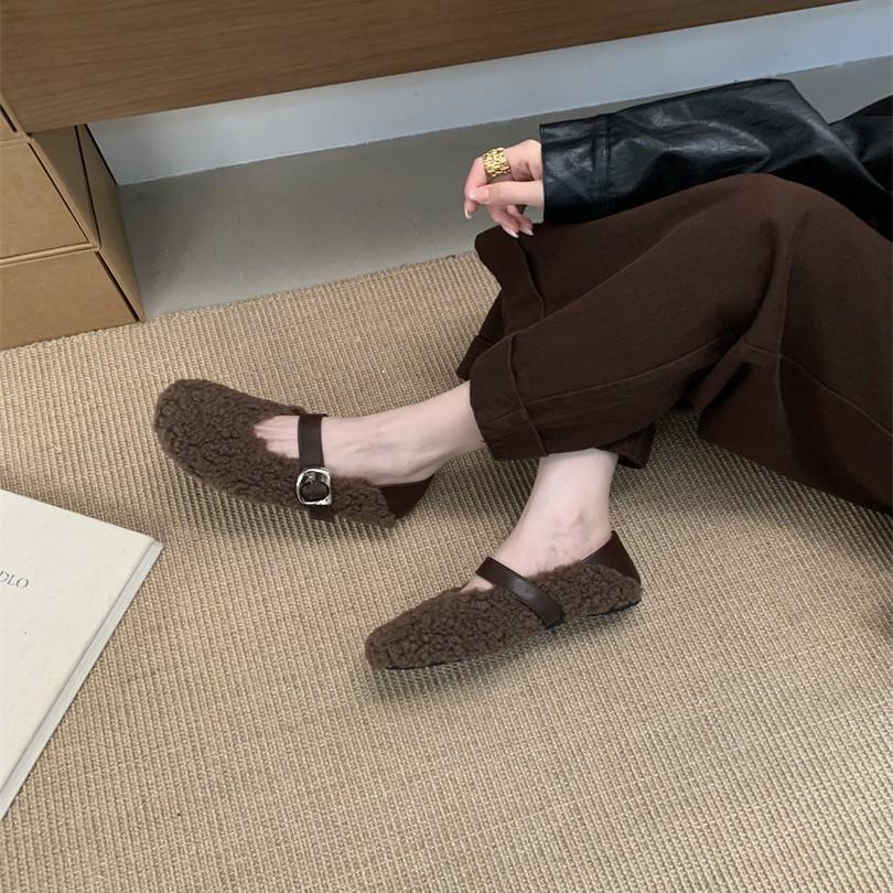 Flat-bottomed wool shoes for women's outer wear 2025 new autumn and winter gentle evening Mary Jane shoes pedal lamb wool cotton shoes