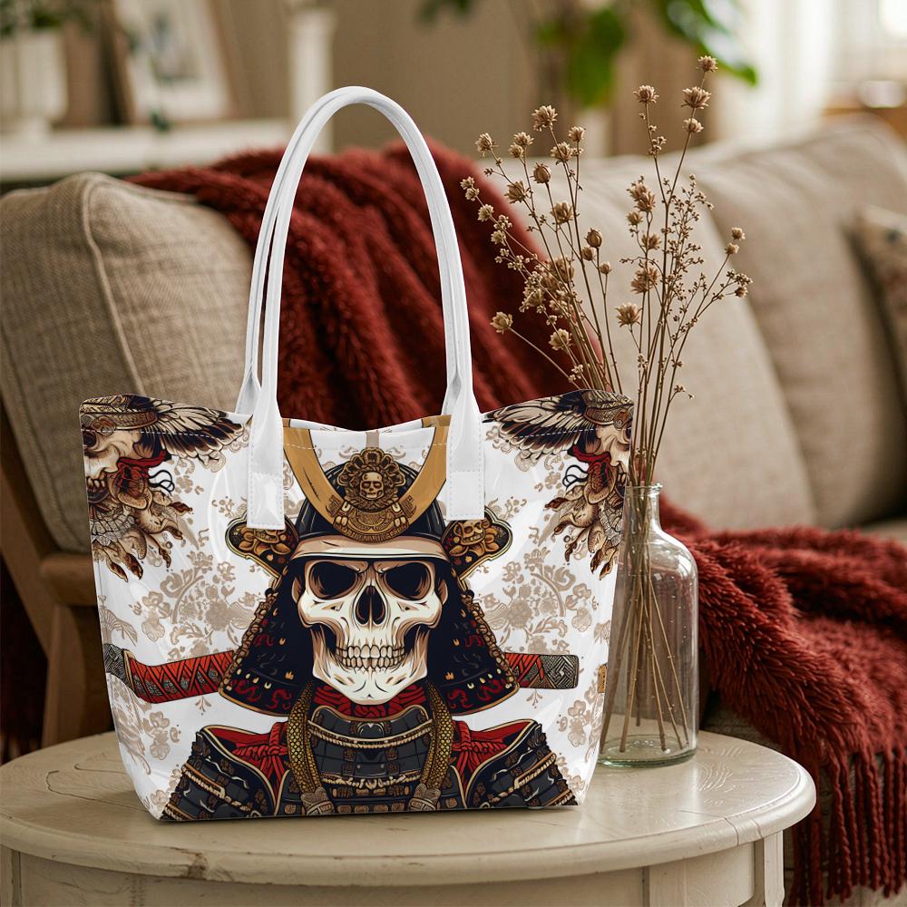Japanese Samurai Skull Print Casual Tote Bag Lightweight Fashion Shoulder Bag for Daily Use