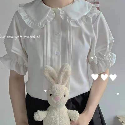 Japanische süße Blusen im Lolita-Stil für Damen, Kawaii, Peter-Pan-Kragen, JK-Shirts, Mädchen, süße Rüschen, kurze Puffärmel, weiße Tops