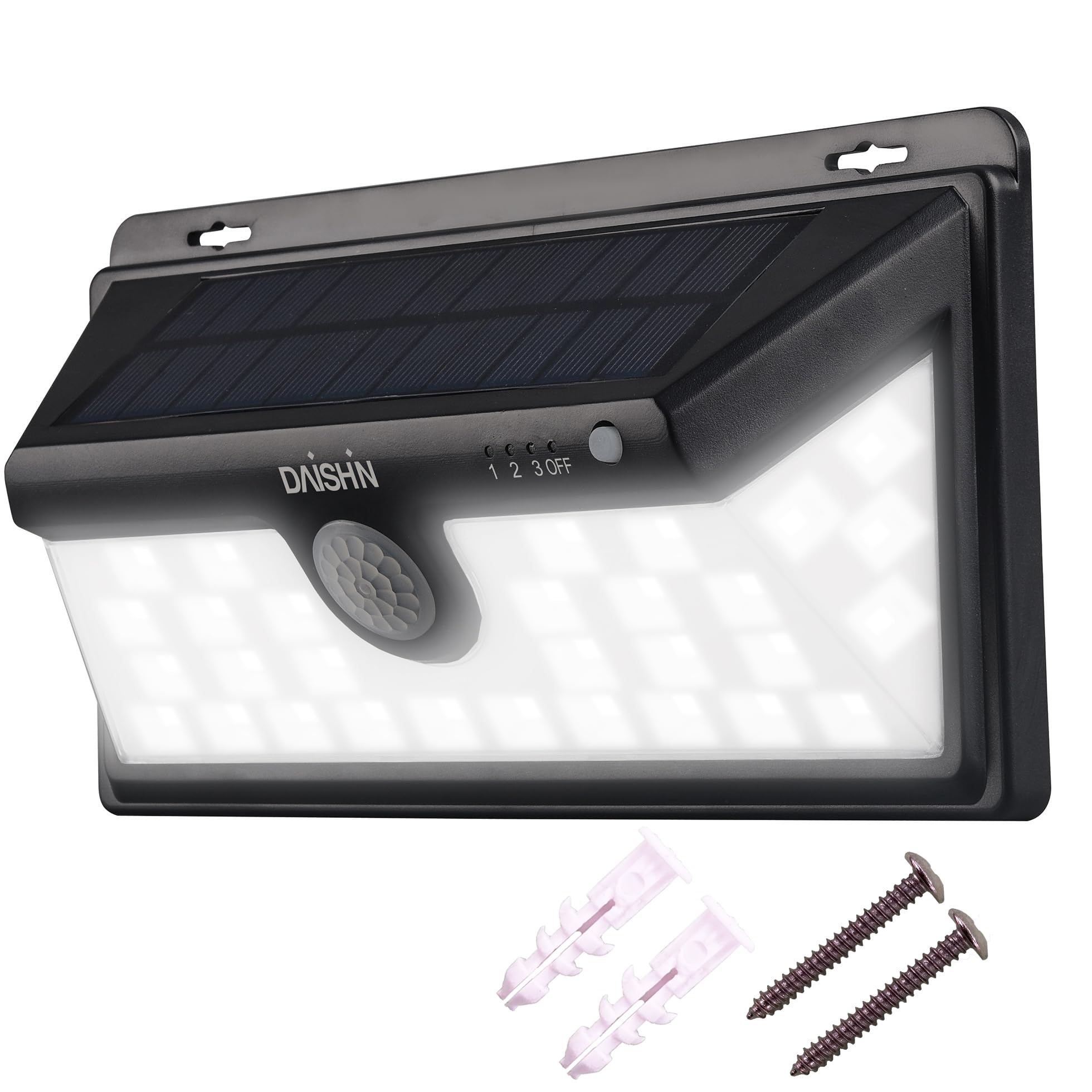 

DAISHIN Solar Light DLS-WL005, Outdoor Solar Sensor Light with LED Motion Sensor, Rainproof, and Magnetic LED Motion Sensor, 100 Lumens, Outdoor