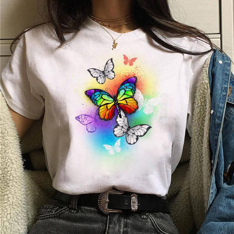 

Harajuku Women T Shirt Red And Black Butterfly Print Tshirt Heart T Shirt Female Short Sleeve Tops Tee Fashion Women T-Shirts XXXL білий