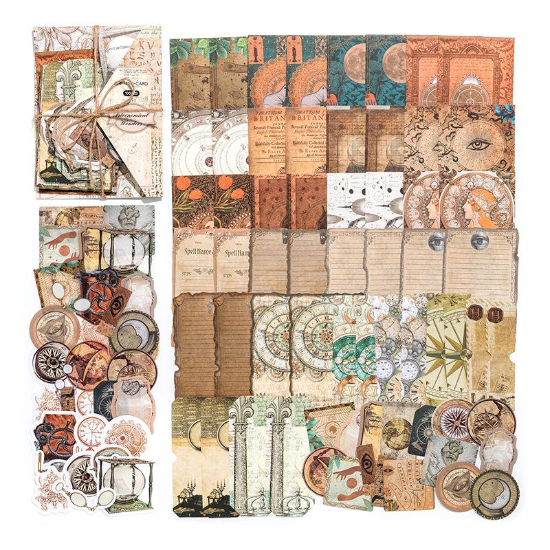 100Pcs Set Vintage Mixed Kit Sticker & Paper 2-in-1 Scrapbook Collage Literary Distressed Decor Supplies