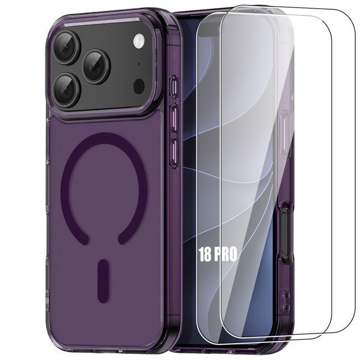 Coque + 2 Verres Trempés pour iPhone 18 Pro, Antichoc avec Cercle Magnétique - Translucide Violet