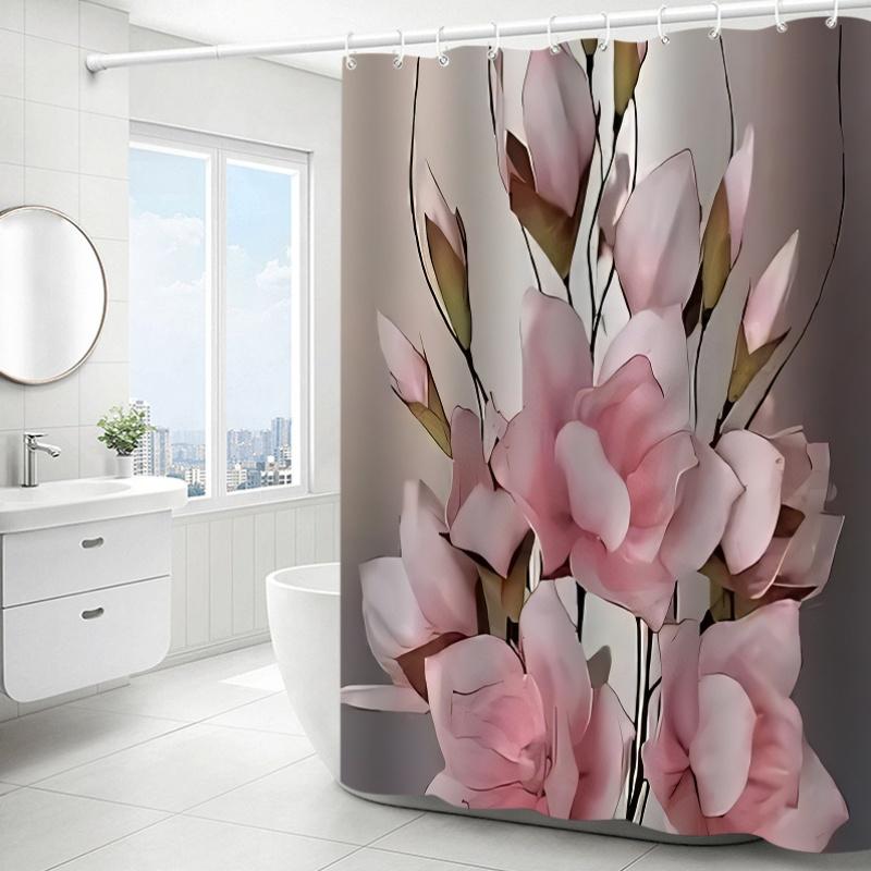 1pc Elegant pink floral pattern shower curtain, polyester fabric, machine washable, suitable for bathroom decoration
