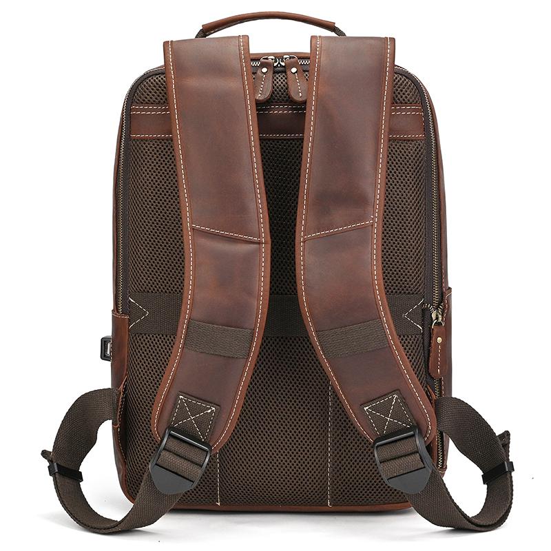 Retro Men's Crazy Horse Leather Backpack Laptop Backpack Leather Daypack Large Capacity Male Travel Backpack With USB Cable