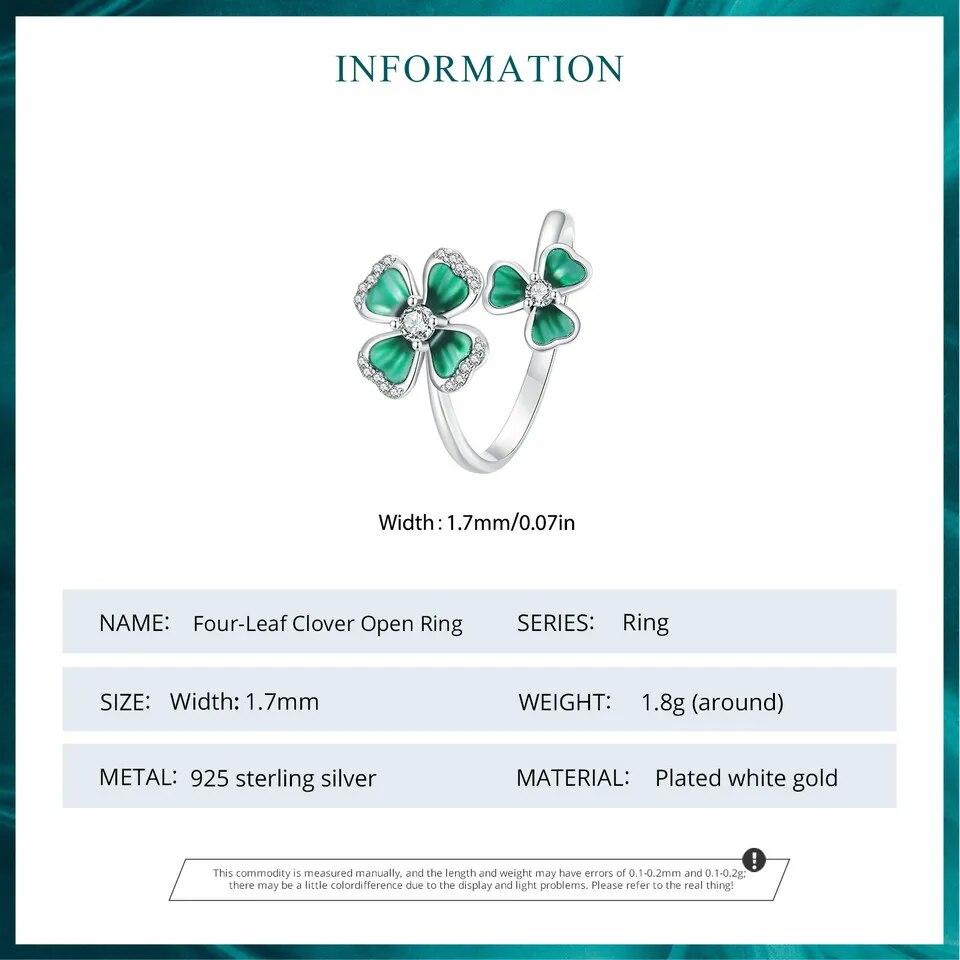 Bamoer 925 Sterling Silver Elegantní čtyřlístek, nastavitelný květinový prsten, jednoduchý prsten pro ženy