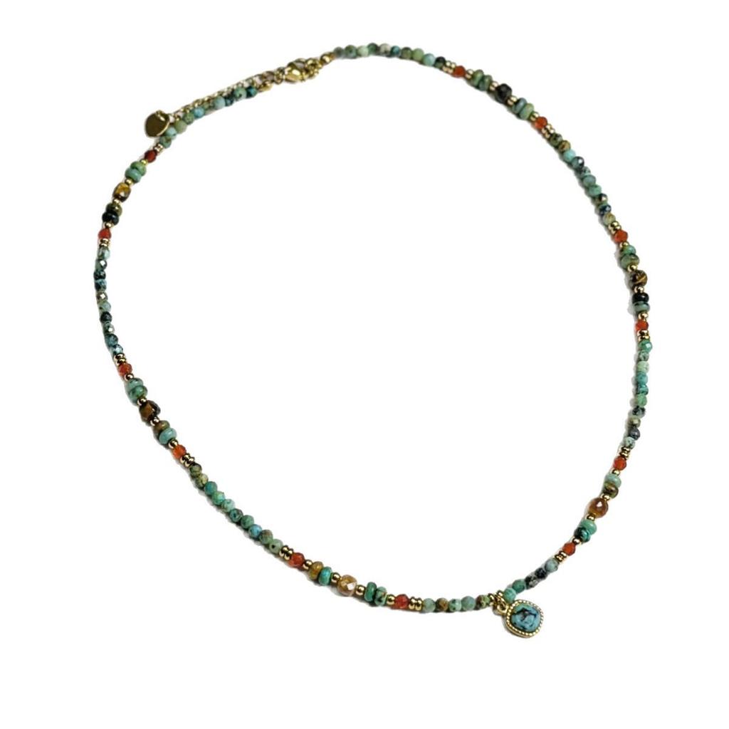 Mori-Style Turquoise Beaded Titanium Steel Necklace - Versatile Retro Sweater Chain for Women