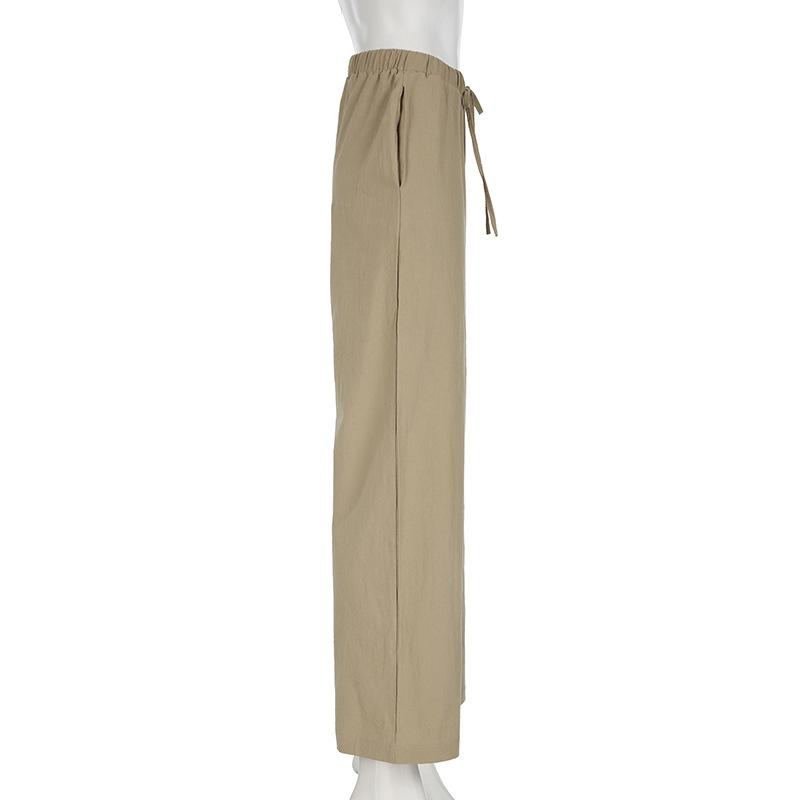 Summer Models Women's Home Daily Style Cotton Linen Drawstring Straight Basic Solid Colour Wide Leg Drape Spicy Low Waist Casual Trousers