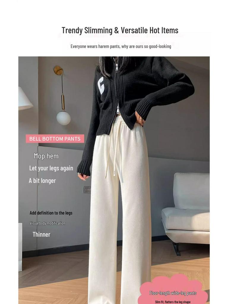 Women's High-Waisted Black Fleece-Lined Floor-Length Pants - 145cm, Straight-Leg/Narrow/Wide-Leg, Autumn/Winter, Petite 150