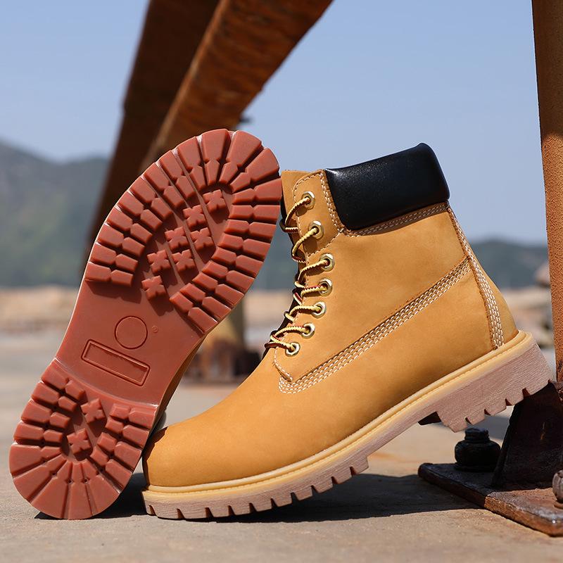 Unisex Yellow High-Top Waterproof Martin Boots – Trendy Autumn/Winter Cowhide Workwear for Couples
