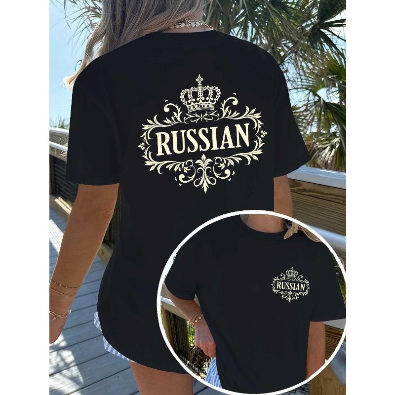 

Женская русская царская корона с принтом кириллических букв, повседневная футболка, обычный крой, всесезонный топ S чёрный
