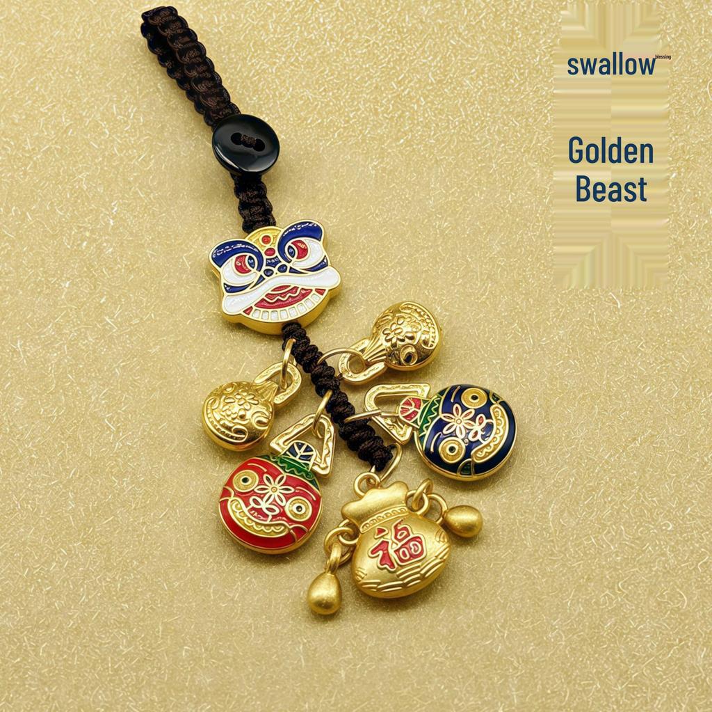Mobile Phone Strap Pendant: Lion Dance, God of Wealth, Family Trio Gold-Swallowing Beast Alloy Keychain